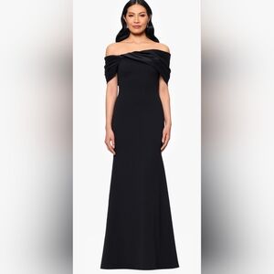 Size 6 - Betsy Adam Scuba Crepe Off The Shoulder Taffeta Trim Floor Length Black